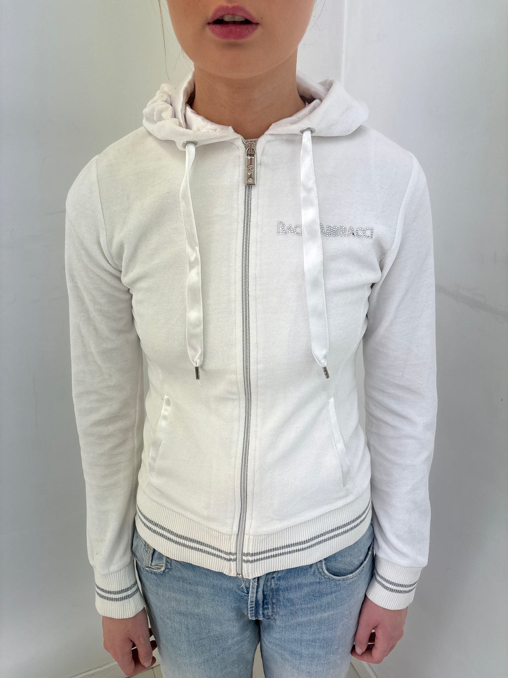 White Rhinestone Logo Zip Hoodie
