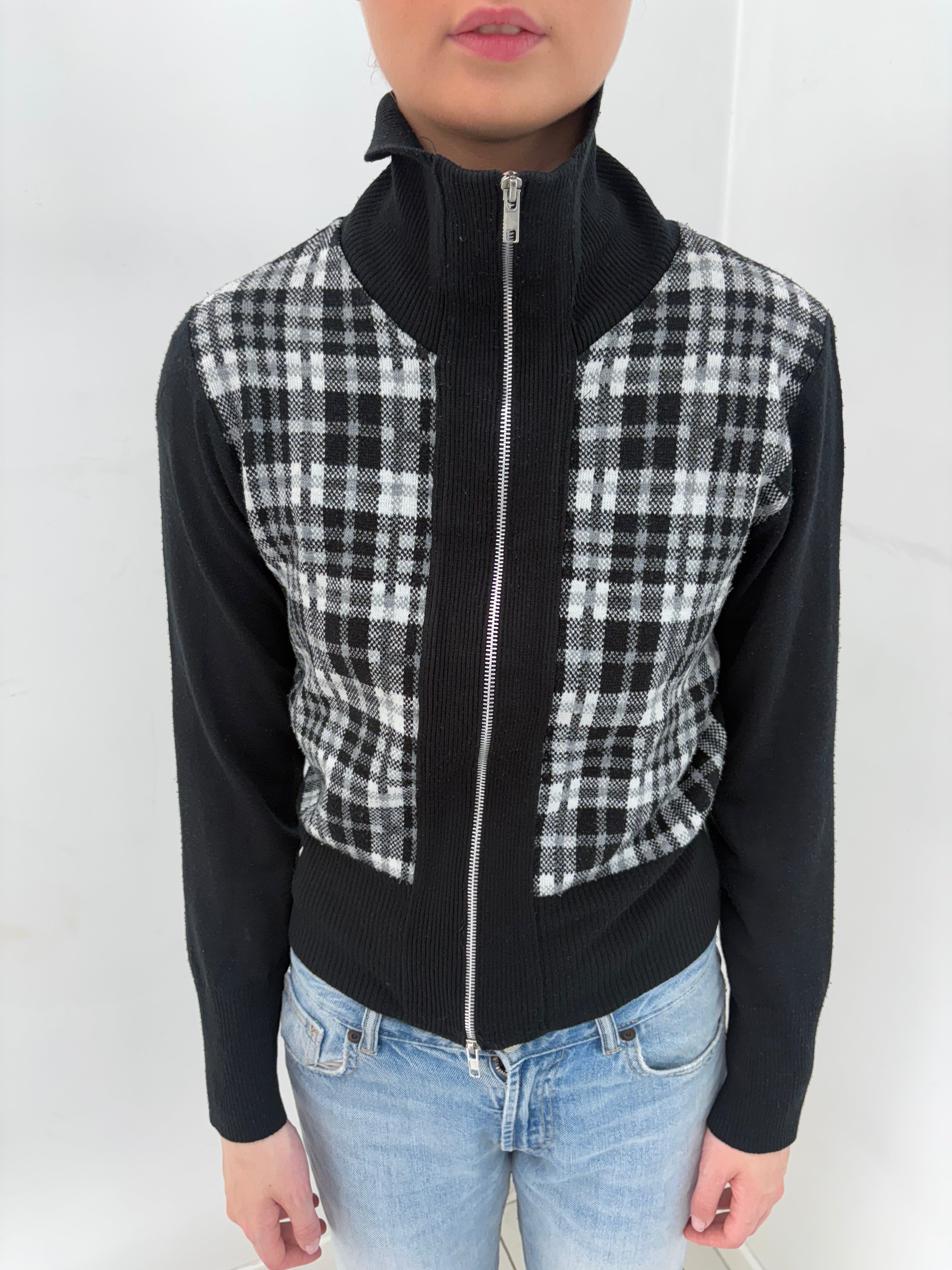 Black Zip-Up Turtleneck Sweater with Checkered Panel