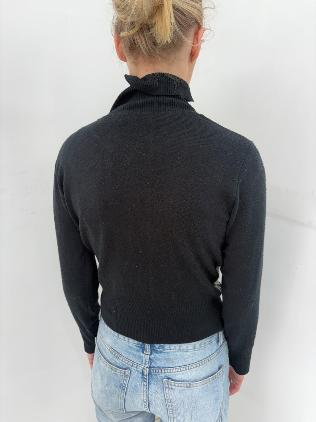 Black Zip-Up Turtleneck Sweater with Checkered Panel
