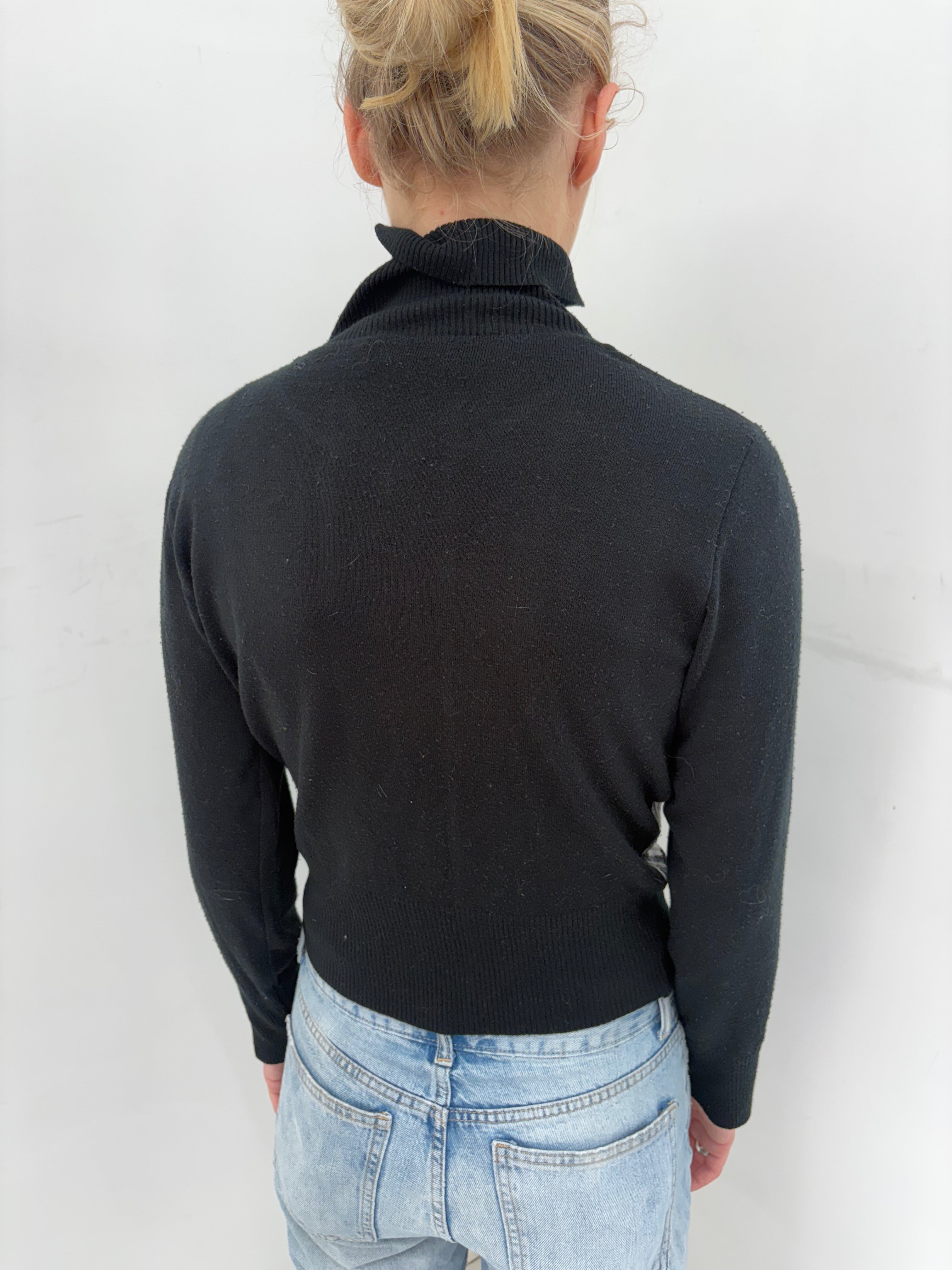 Black Zip-Up Turtleneck Sweater with Checkered Panel