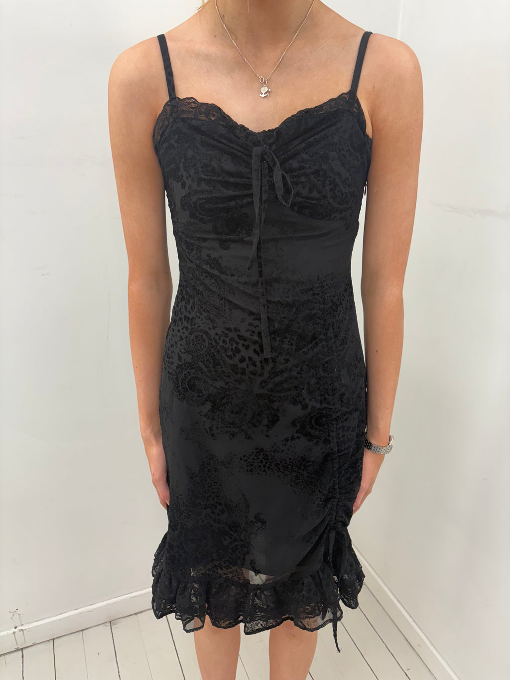 Black Lace Trim Y2K Slip Midi Dress