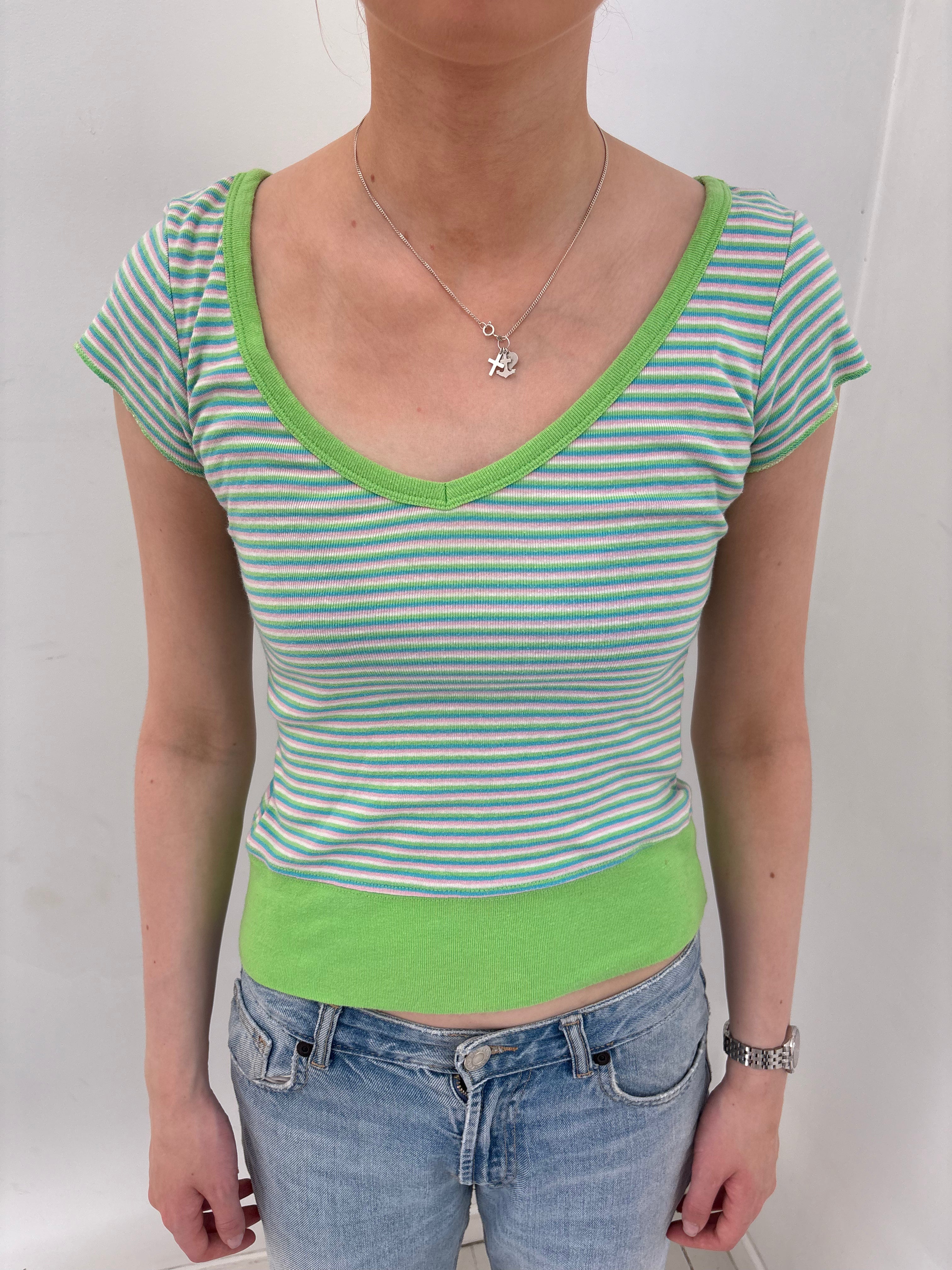 Green Striped V-Neck Crop Top with Contrast Trim