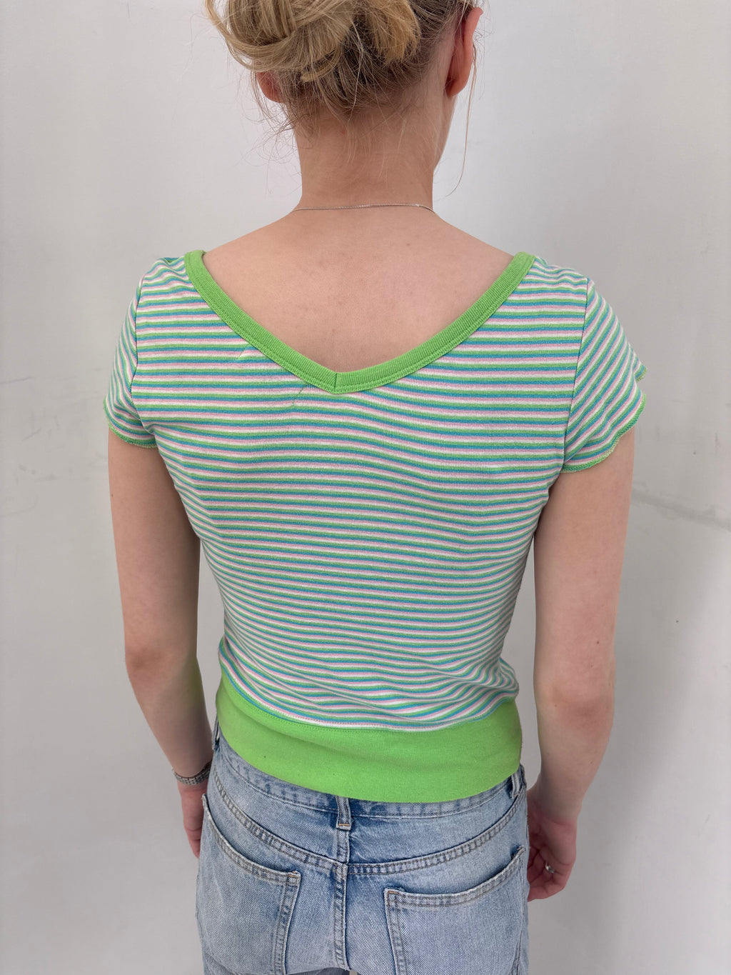 Green Striped V-Neck Crop Top with Contrast Trim