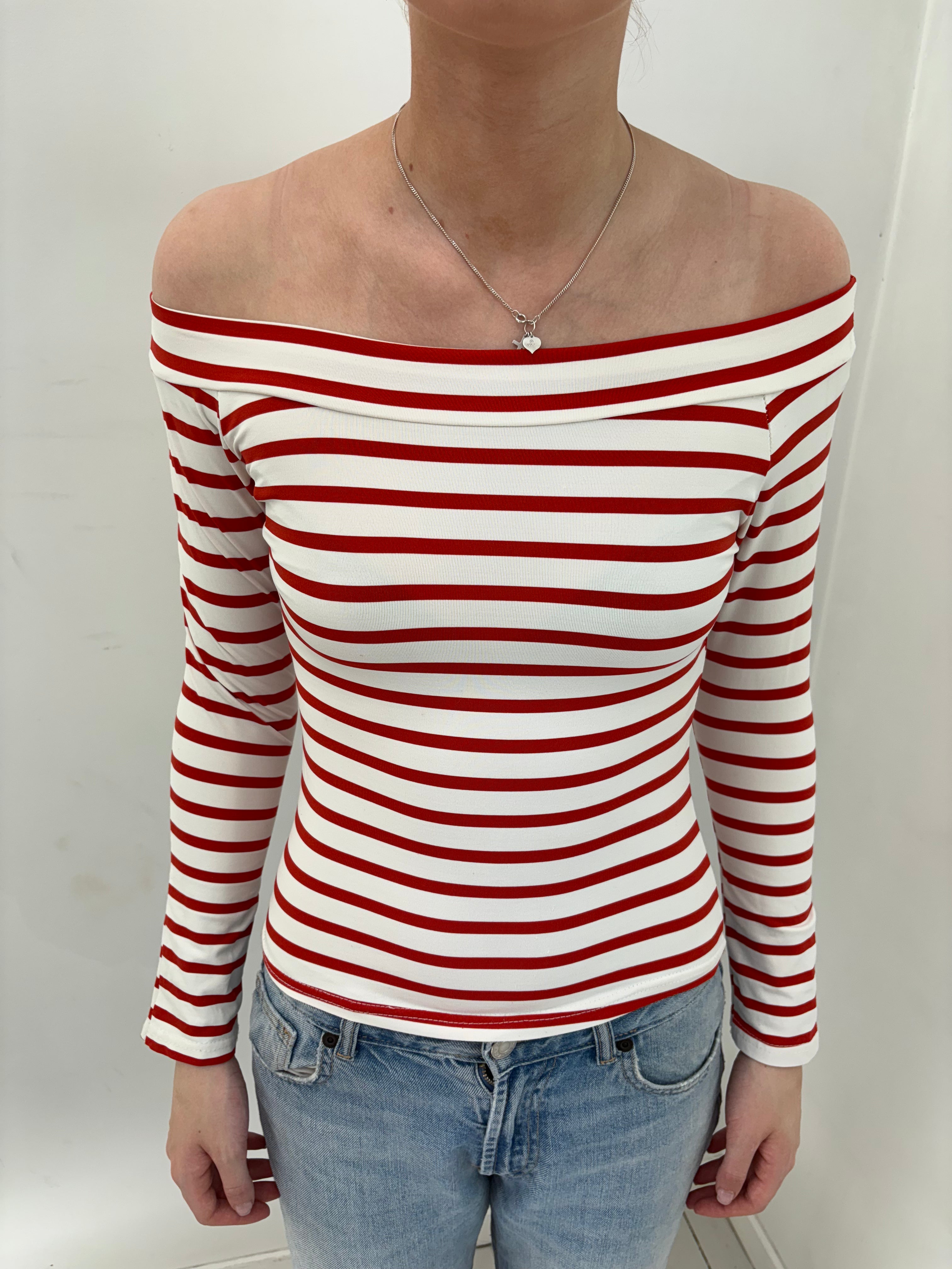 Red Striped Off-Shoulder Long Sleeve Top