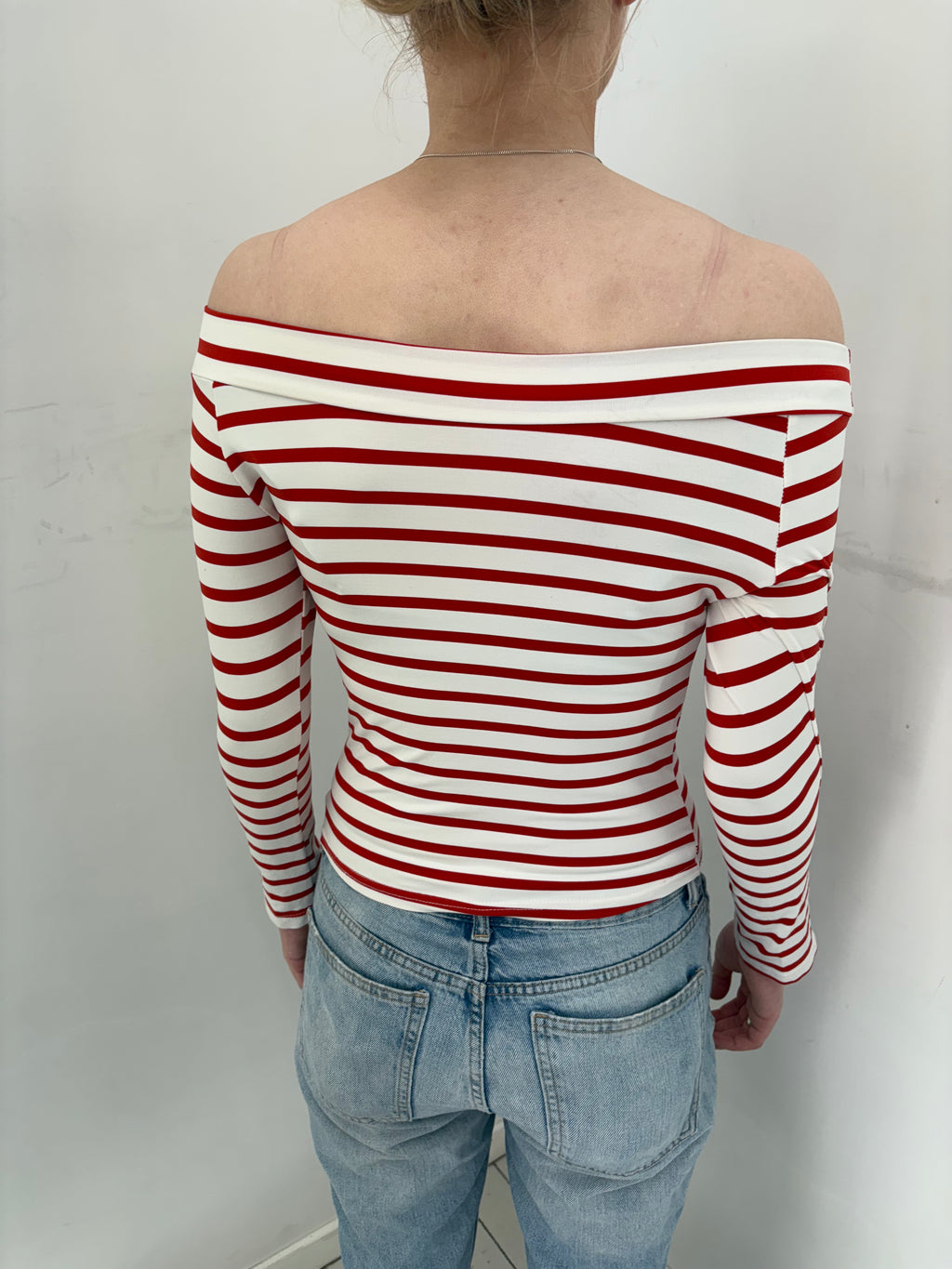 Red Striped Off-Shoulder Long Sleeve Top