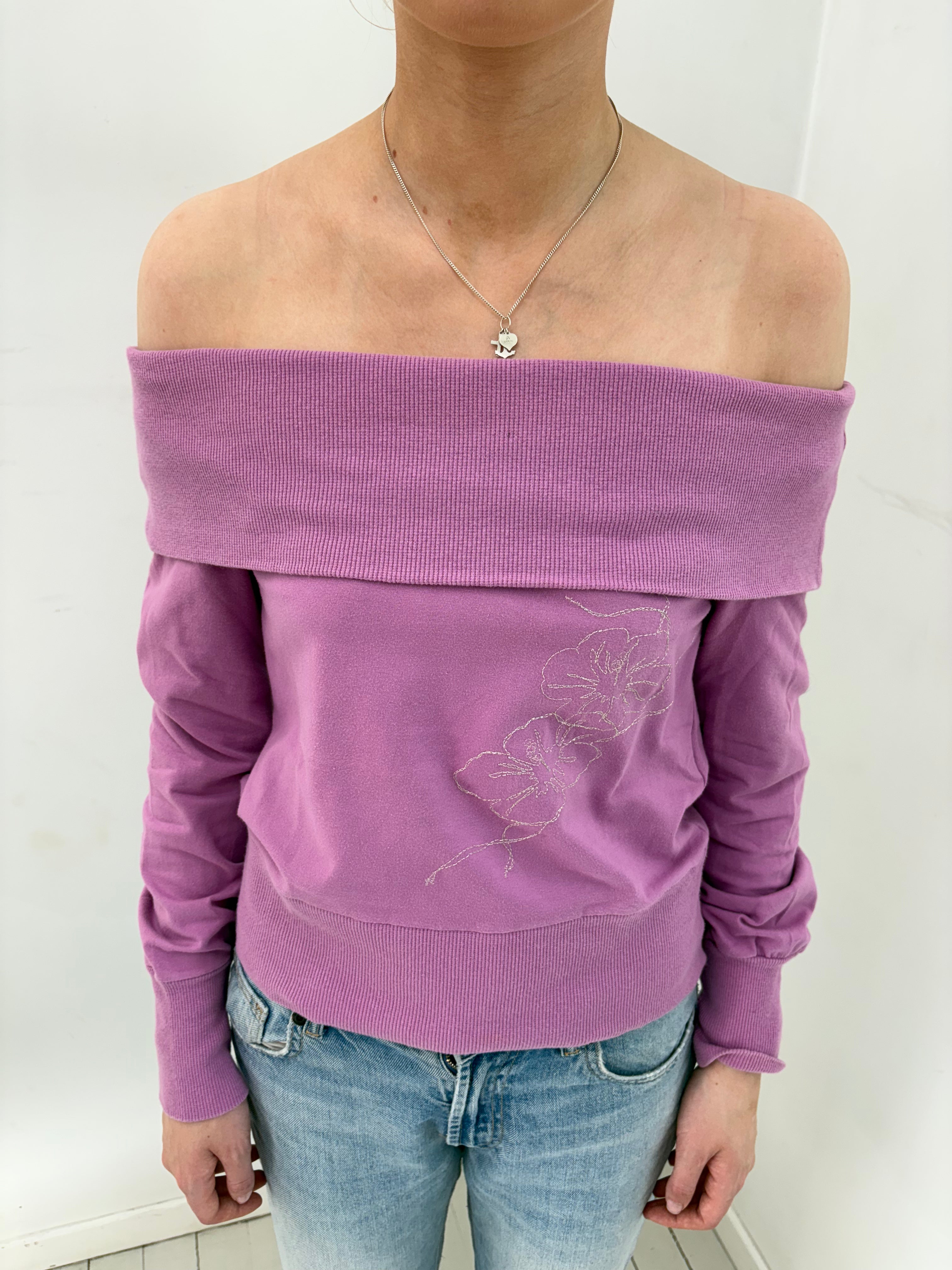 Mauve Off-Shoulder Top with Floral Embroidery