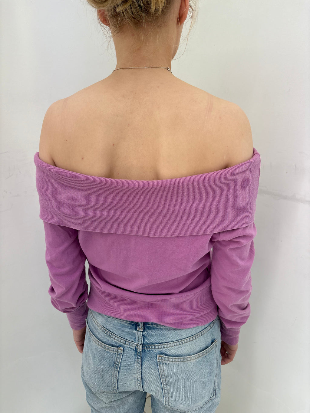 Mauve Off-Shoulder Top with Floral Embroidery