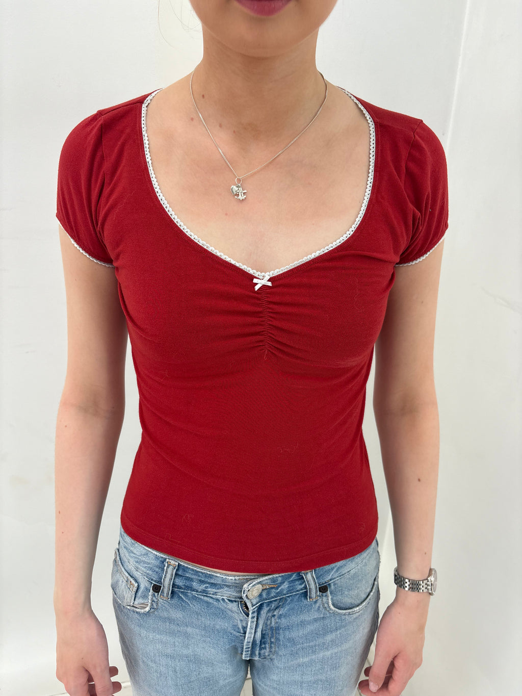Red V-Neck Top with Lace Trim and Bow