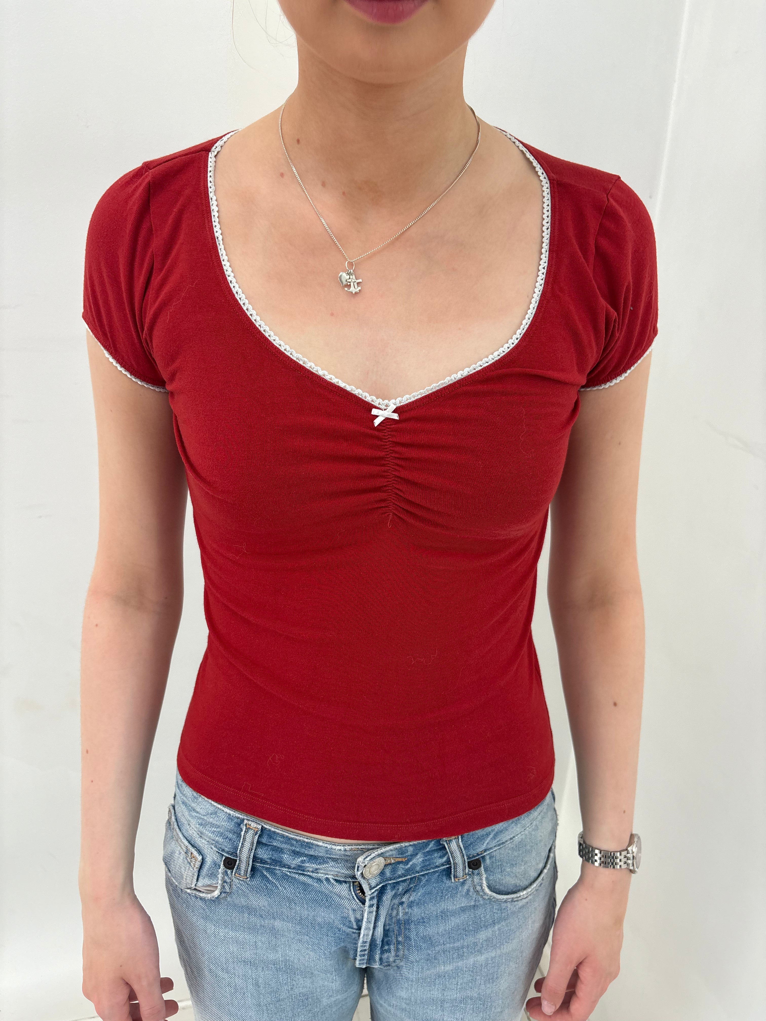 Red V-Neck Top with Lace Trim and Bow