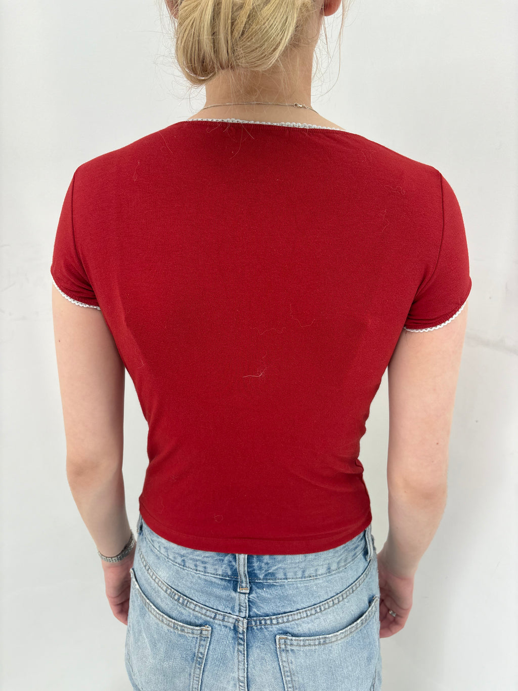 Red V-Neck Top with Lace Trim and Bow