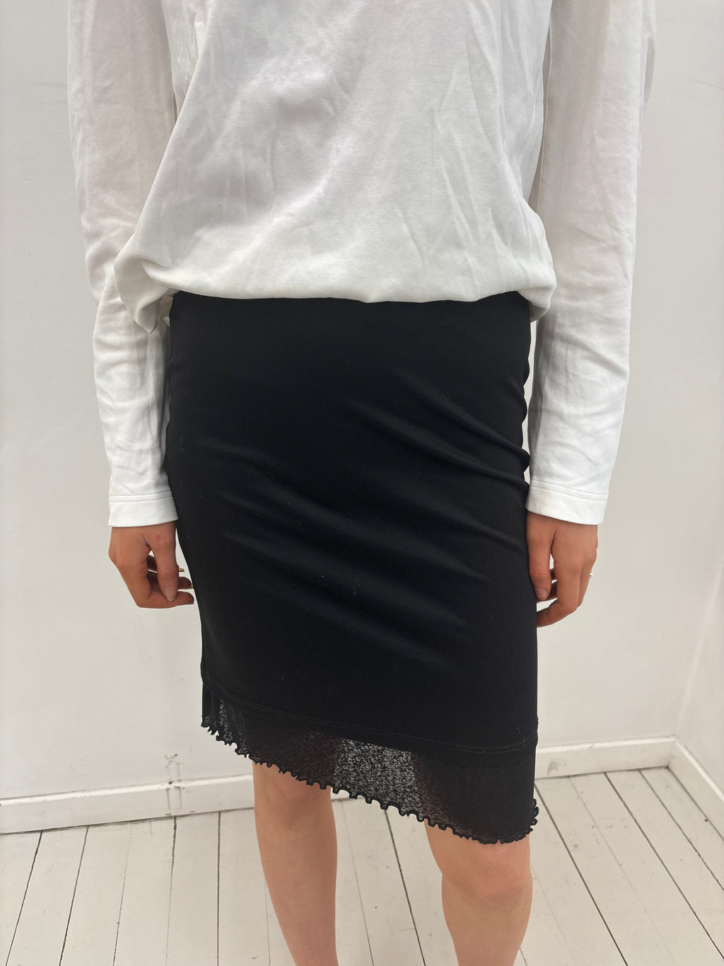 Y2K Black Lace Trim Midi Skirt