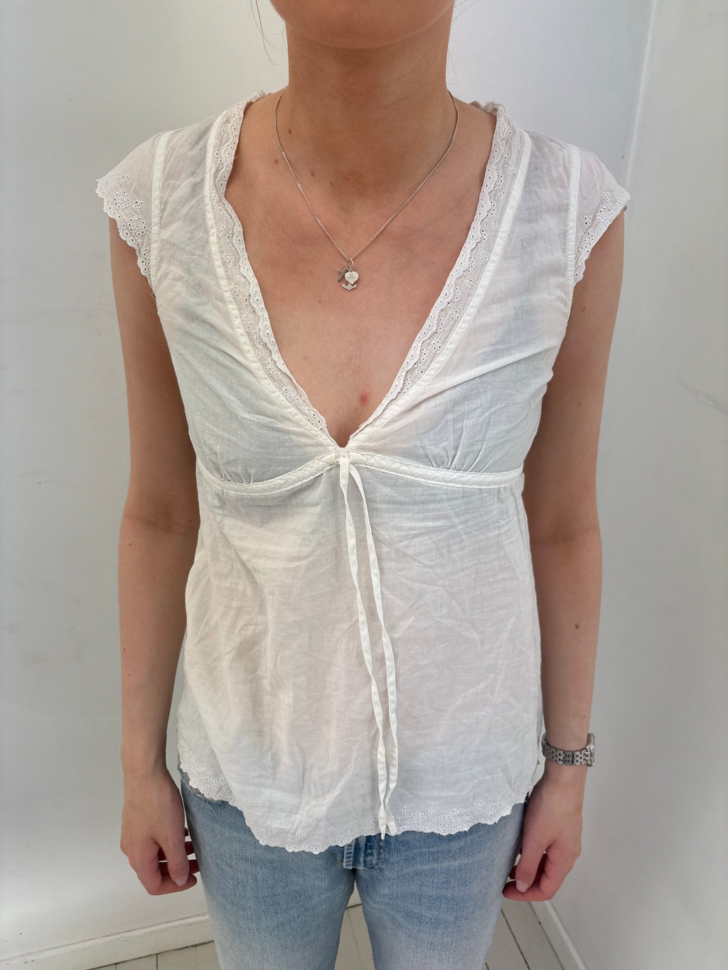 White Cotton Babydoll Top with Lace Trim Tie