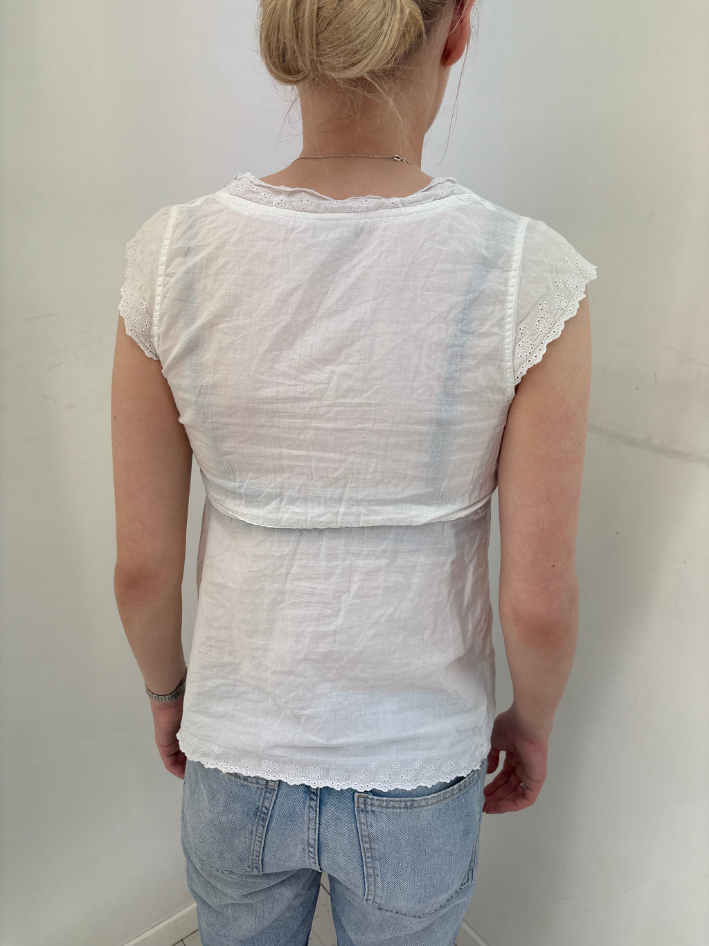 White Cotton Babydoll Top with Lace Trim Tie