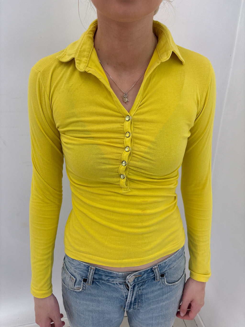 Mustard Yellow Collared Long Sleeve Ruched Top