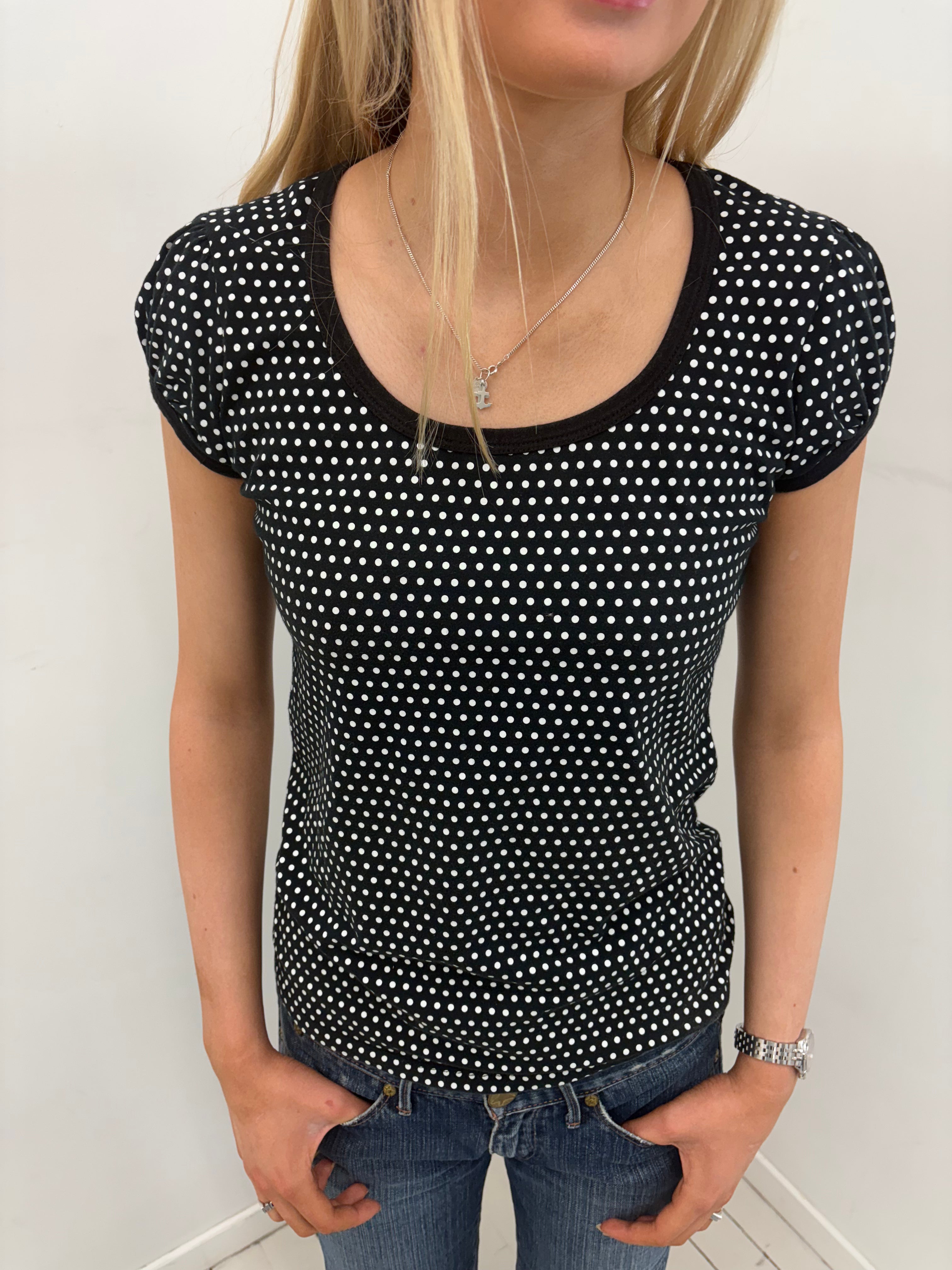 Black Polkadot Fitted Scoop Neck Top