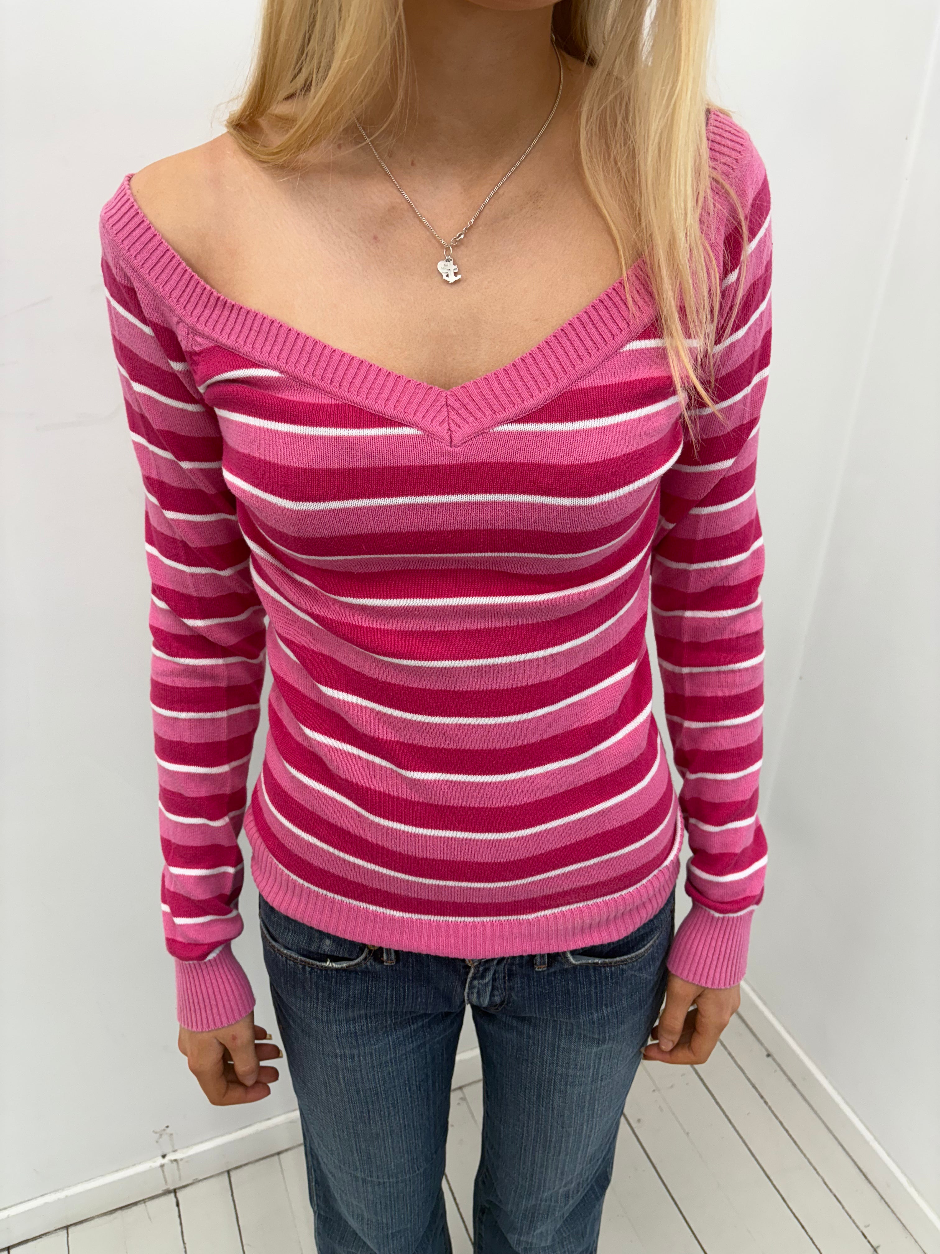 Pink Striped Off-Shoulder Knit Top
