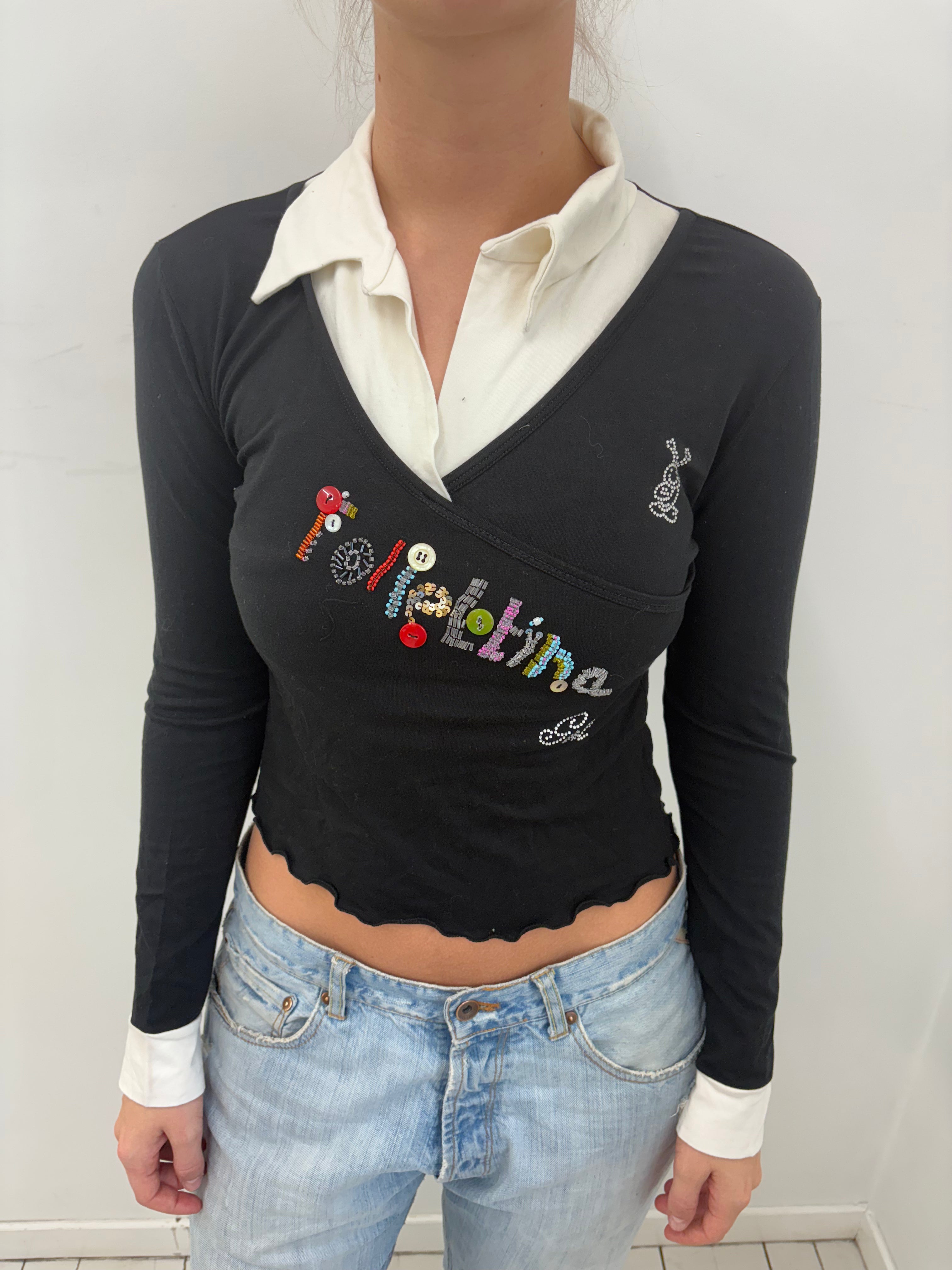 Layered Look Embellished Wrap Long Sleeve Top