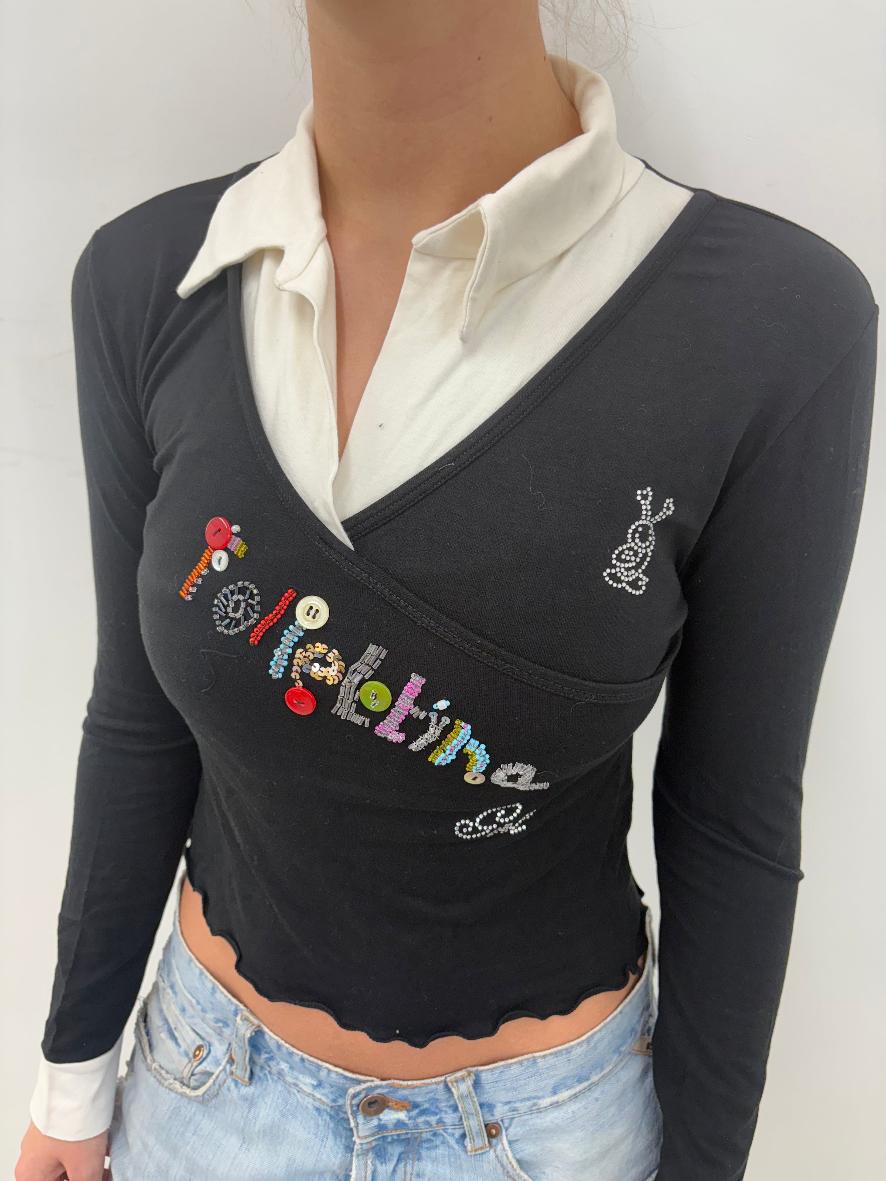 Layered Look Embellished Wrap Long Sleeve Top