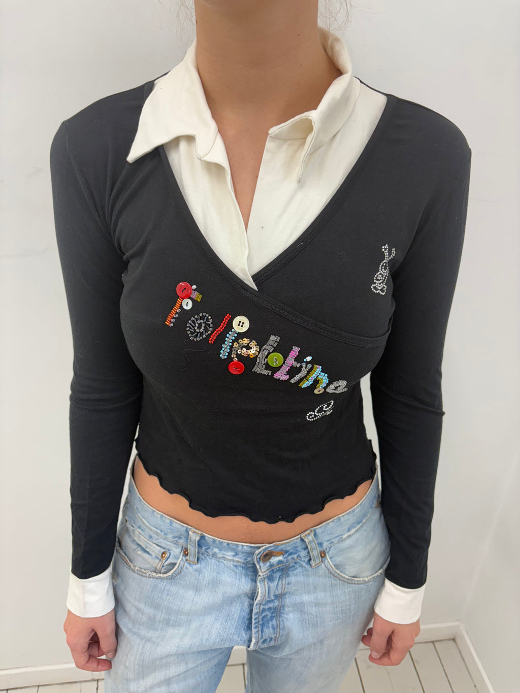 Layered Look Embellished Wrap Long Sleeve Top