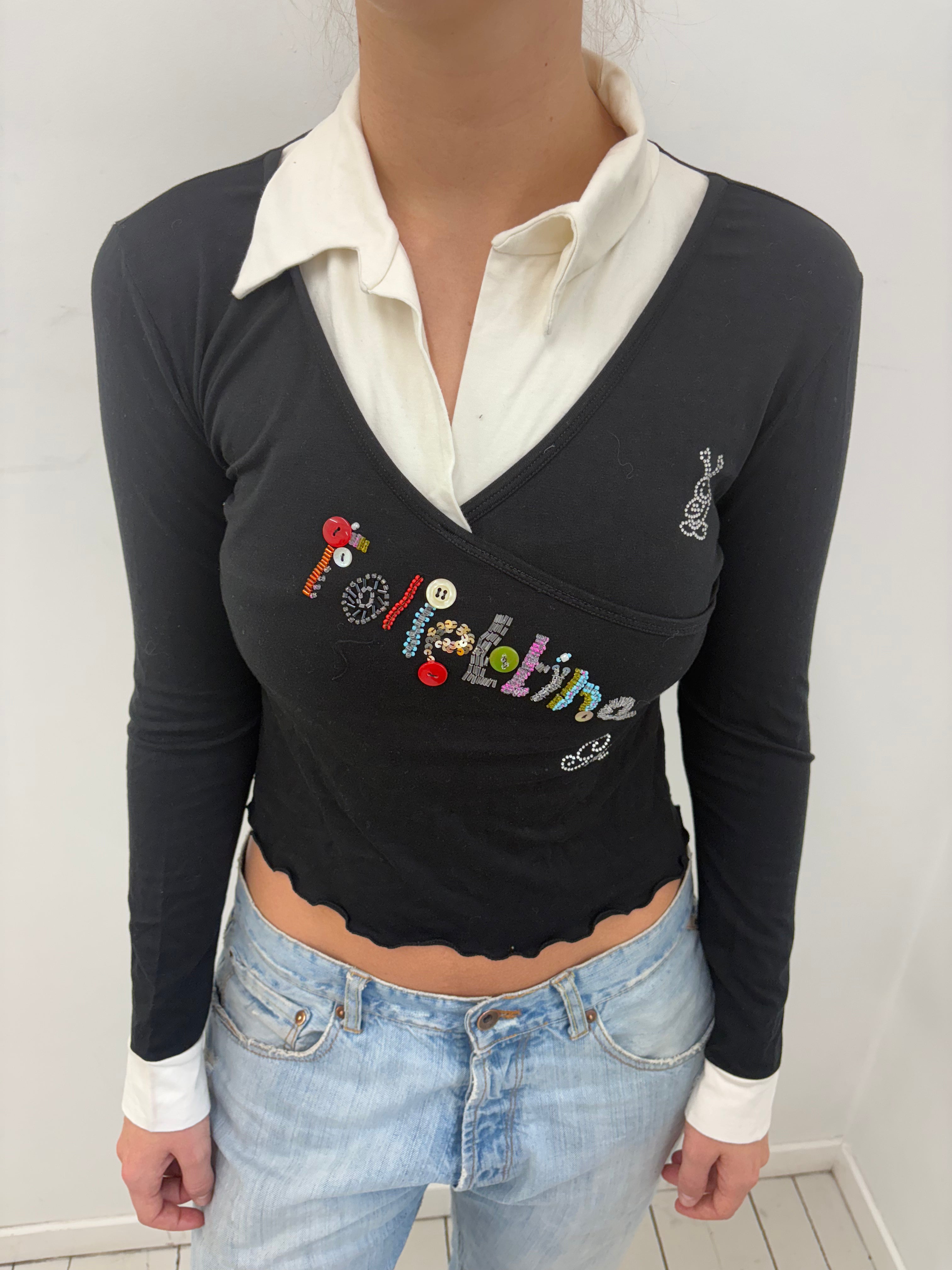 Layered Look Embellished Wrap Long Sleeve Top