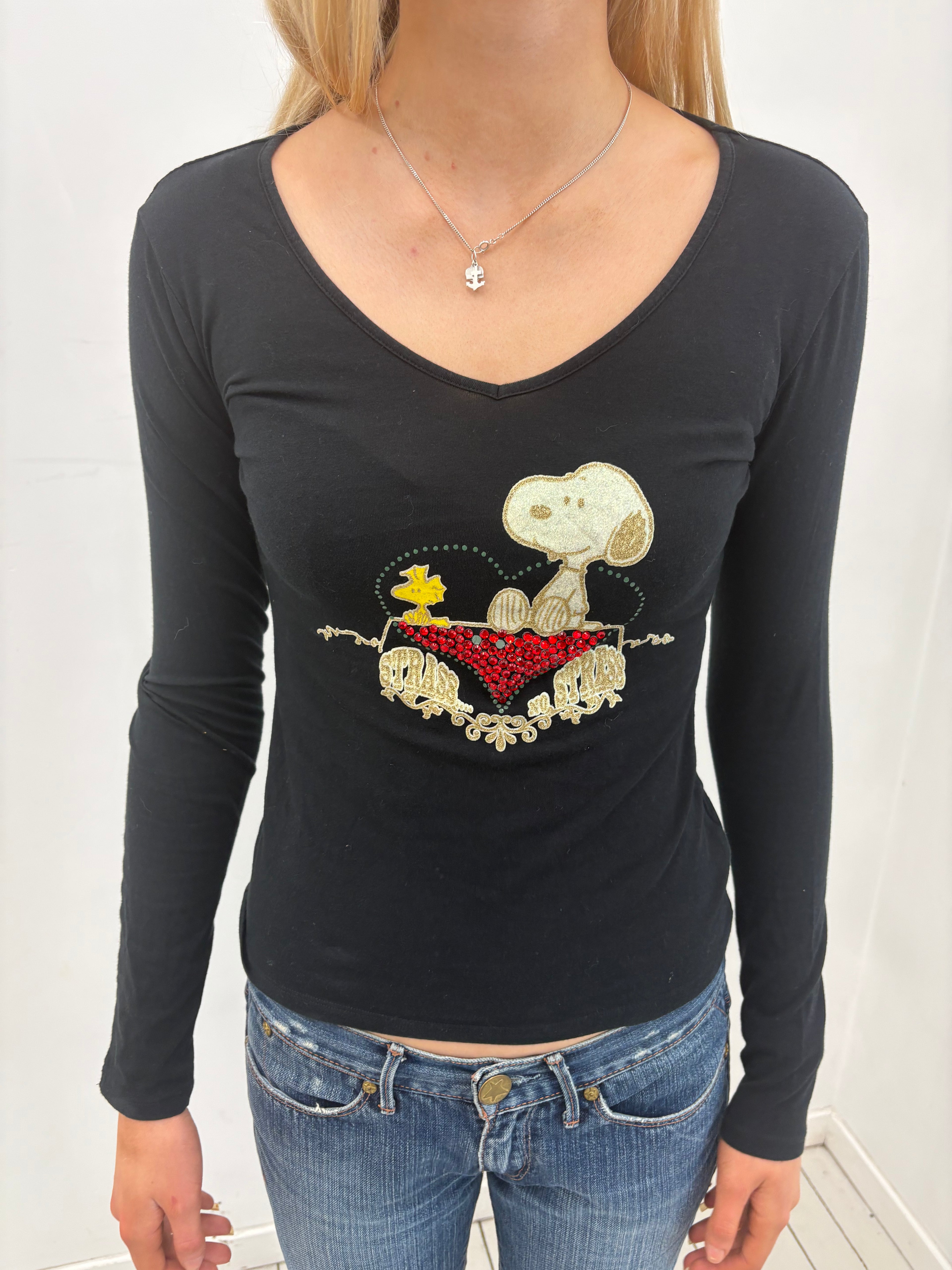 Black Snoopy Rhinestone Long Sleeve Top