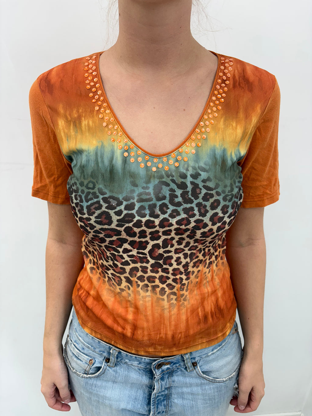 Leopard Print Gradient Studded Top