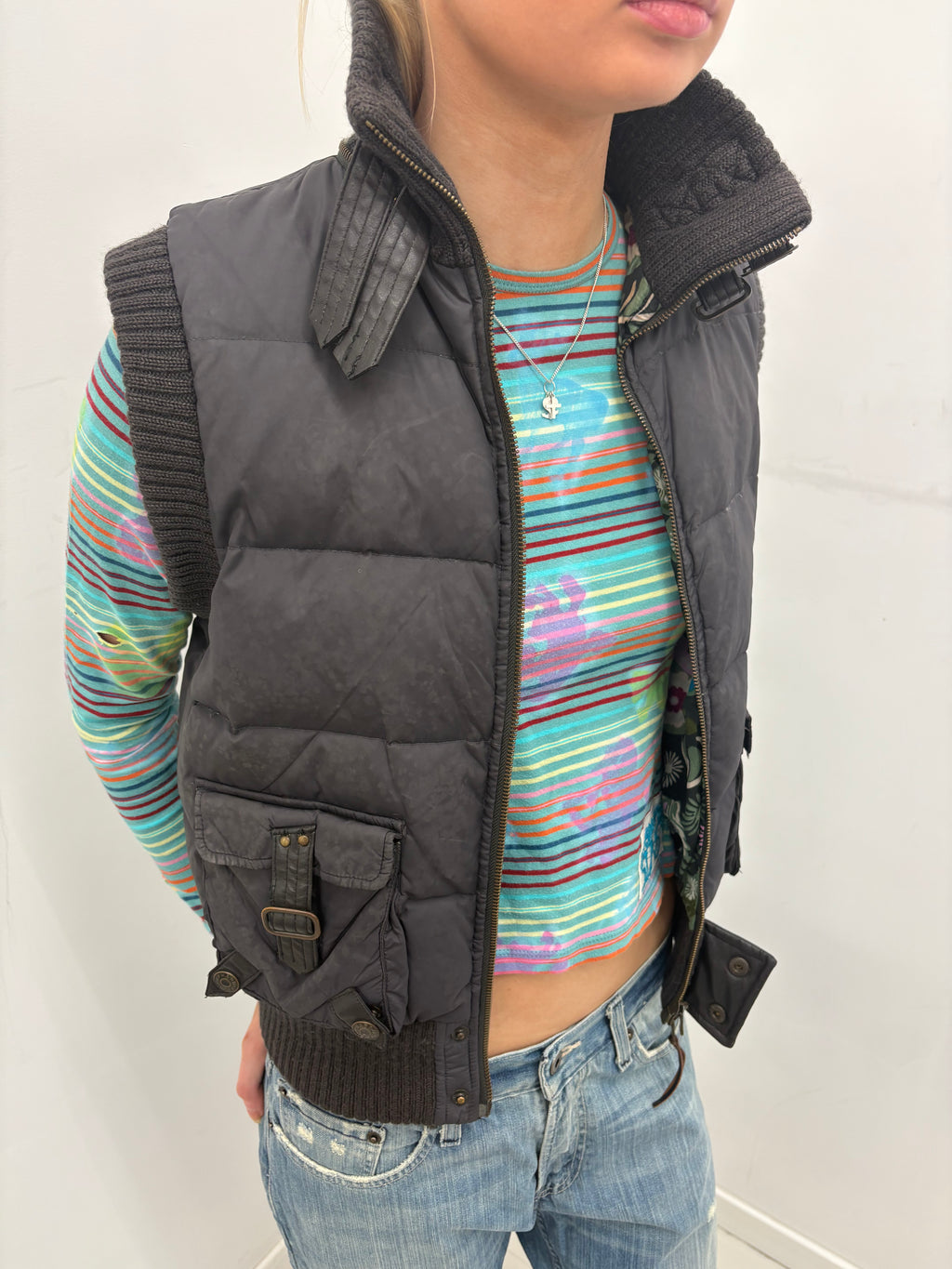 Brown Cropped Puffer Utility Vest