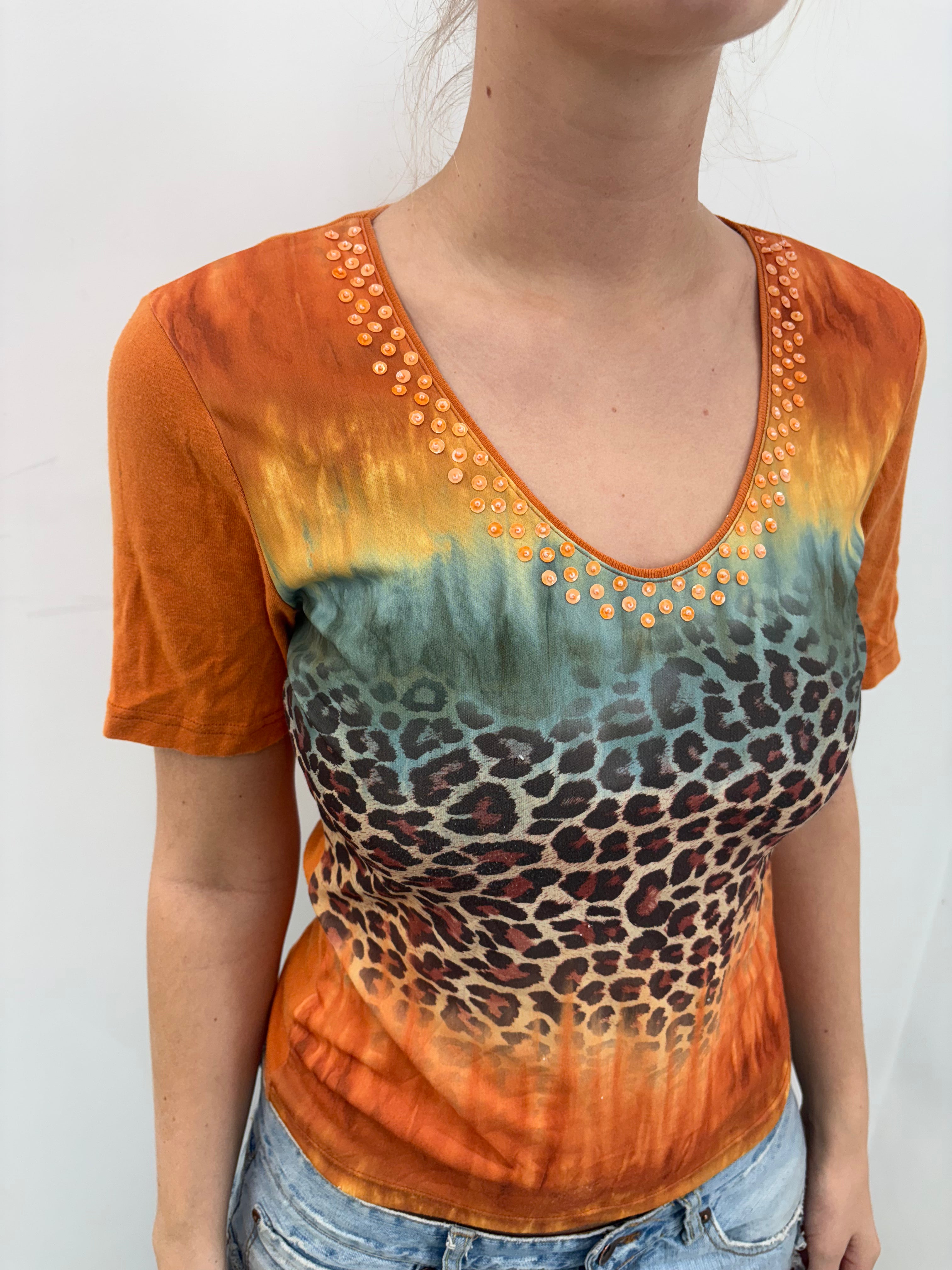 Leopard Print Gradient Studded Top