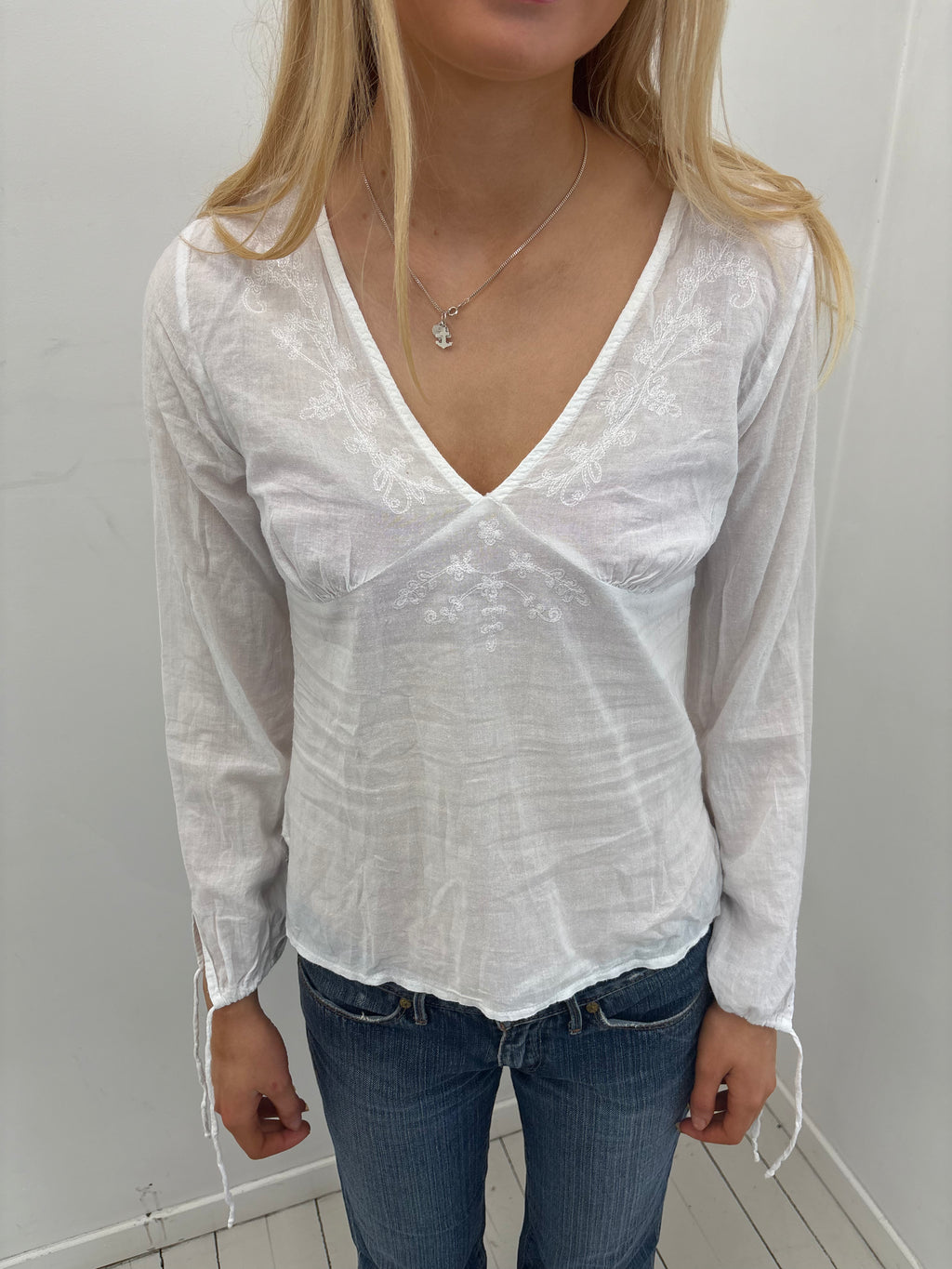 White Embroidered Sheer Peasant Blouse