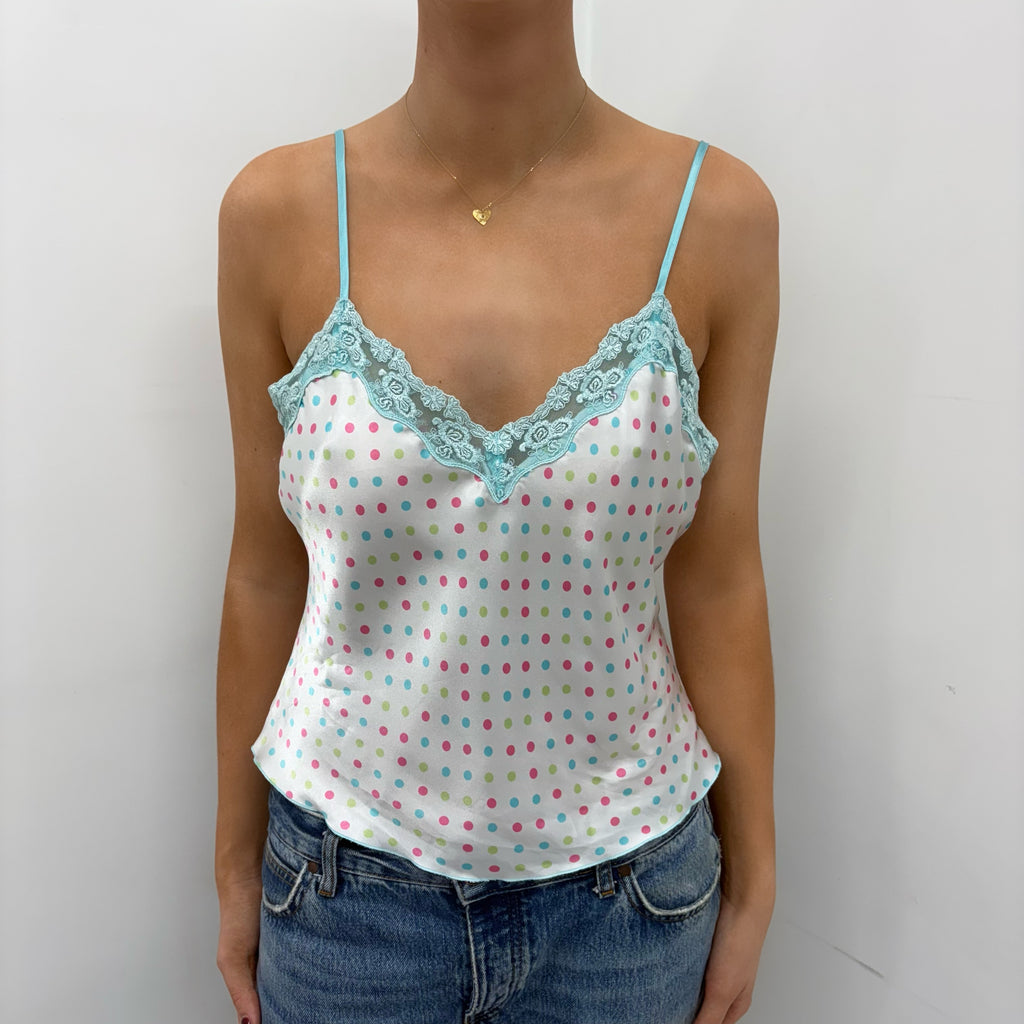 White colorful Polkadot Camisole with Lace Trim