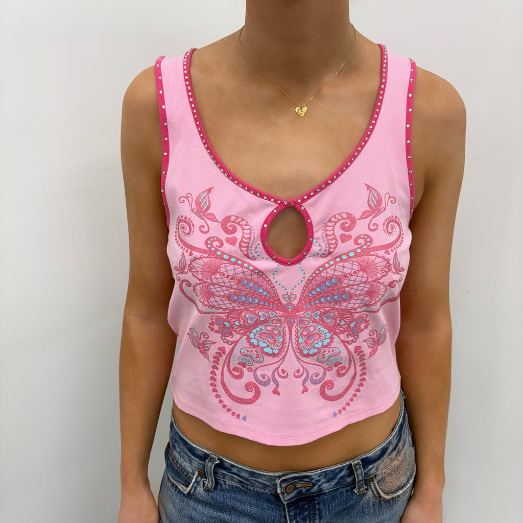 Pink Butterfly Rhinestone Tank Top