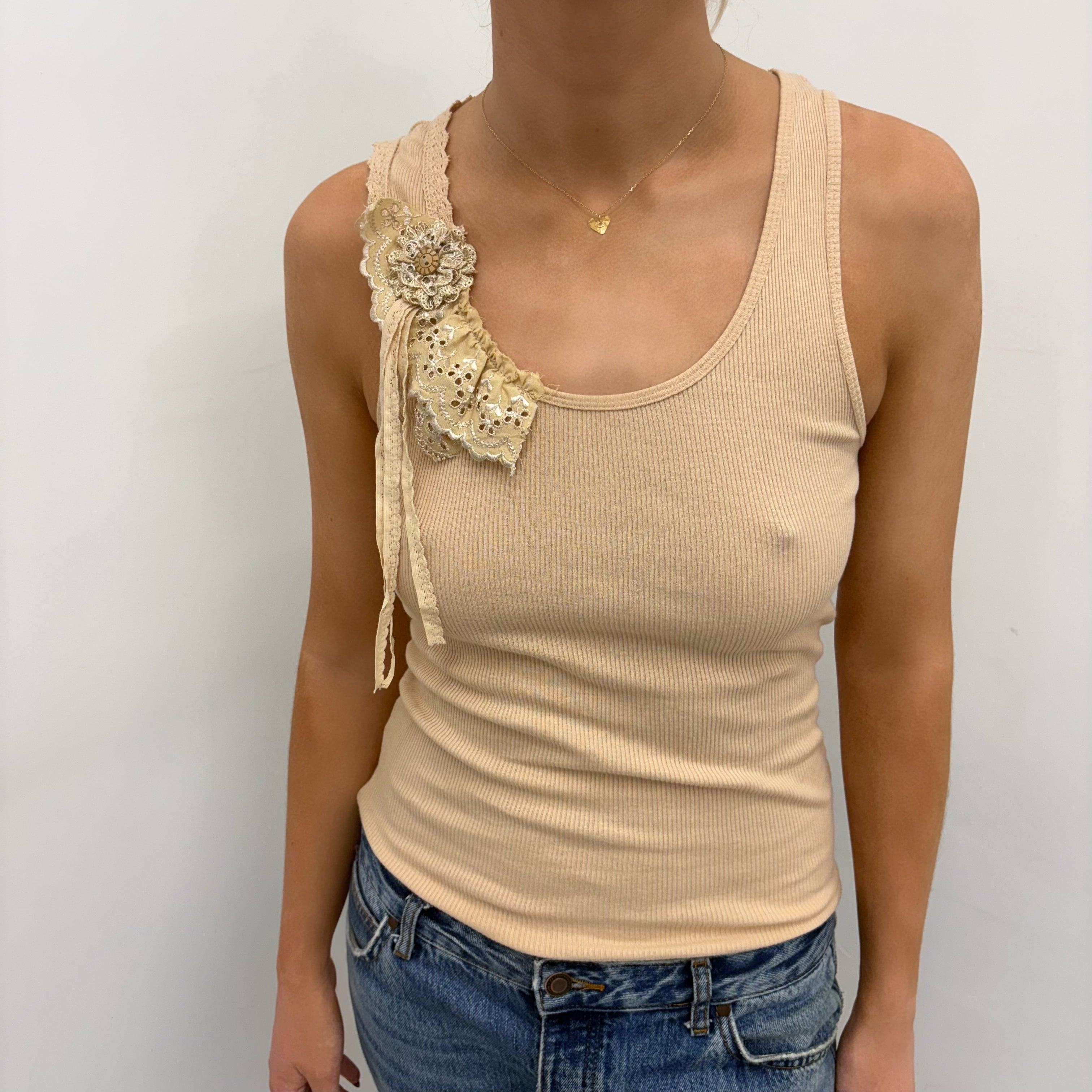 Beige Ribbed Tank Top with Lace Details