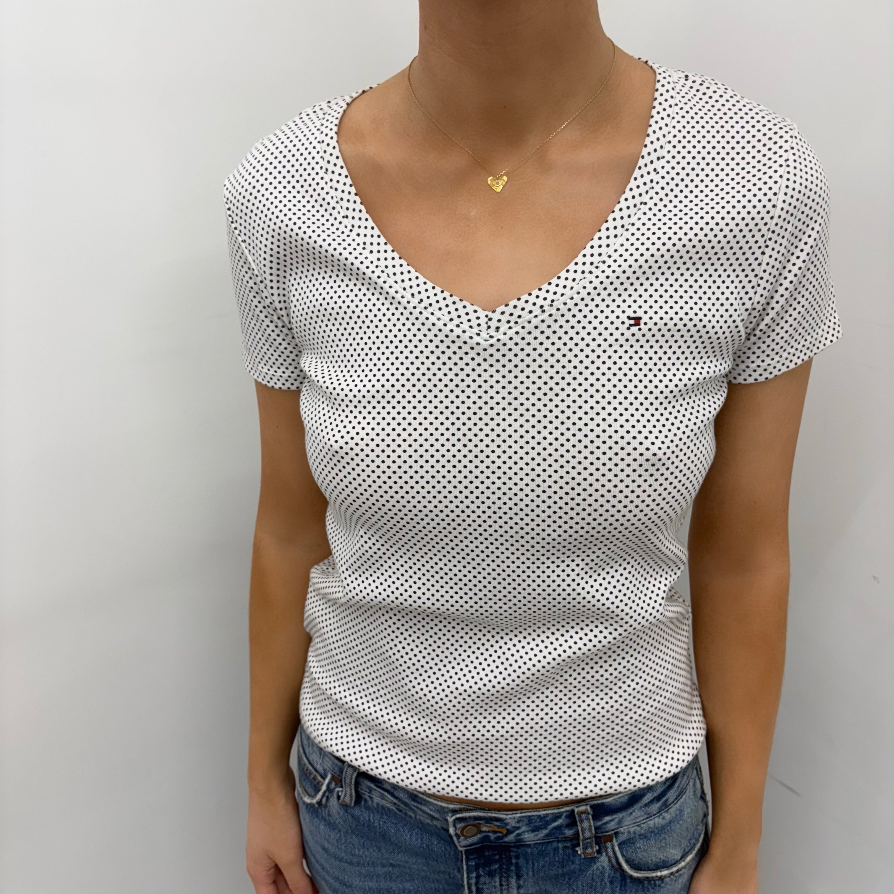 White Polkadot Tee with V-Neckline