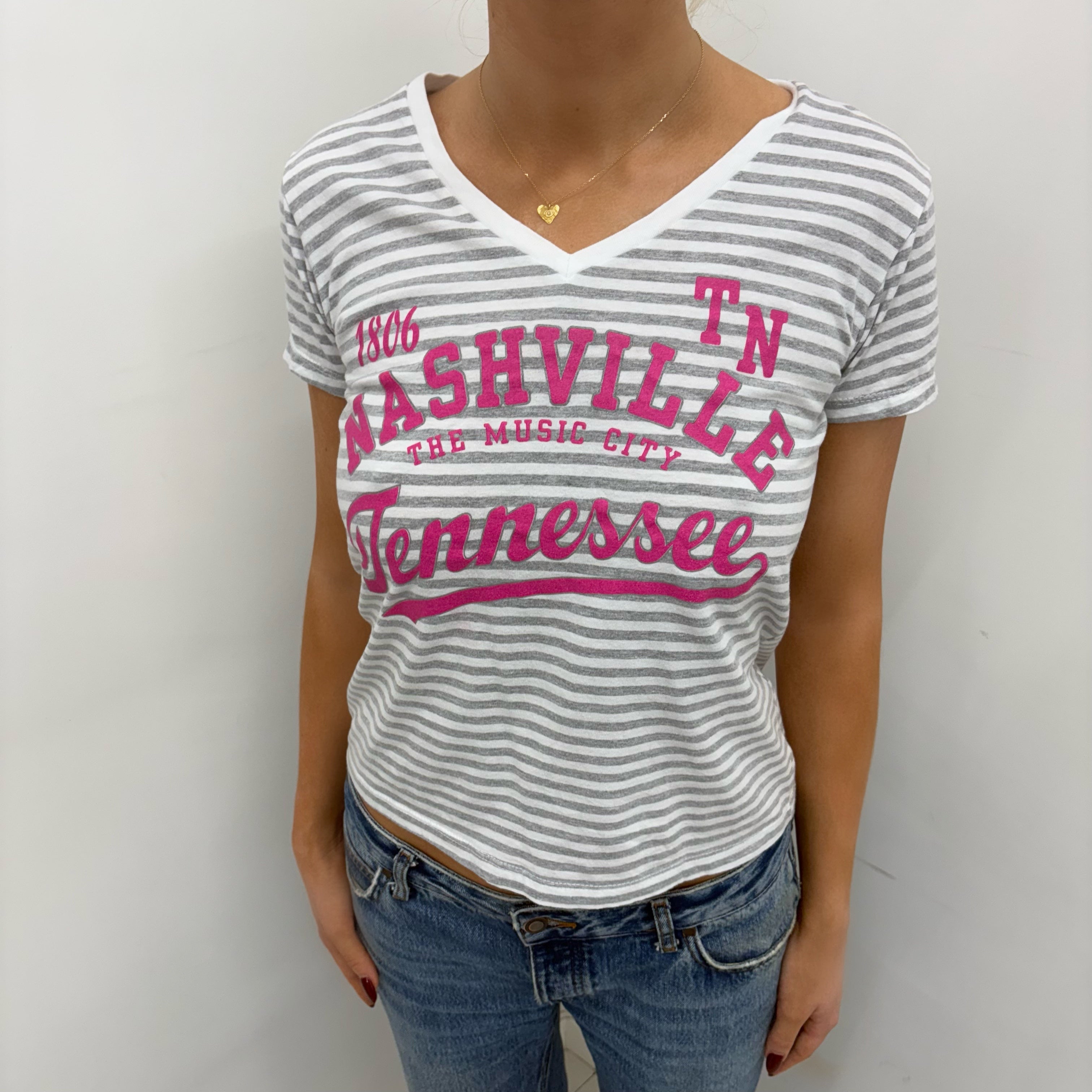 Grey & White Striped  V-Neck Tee