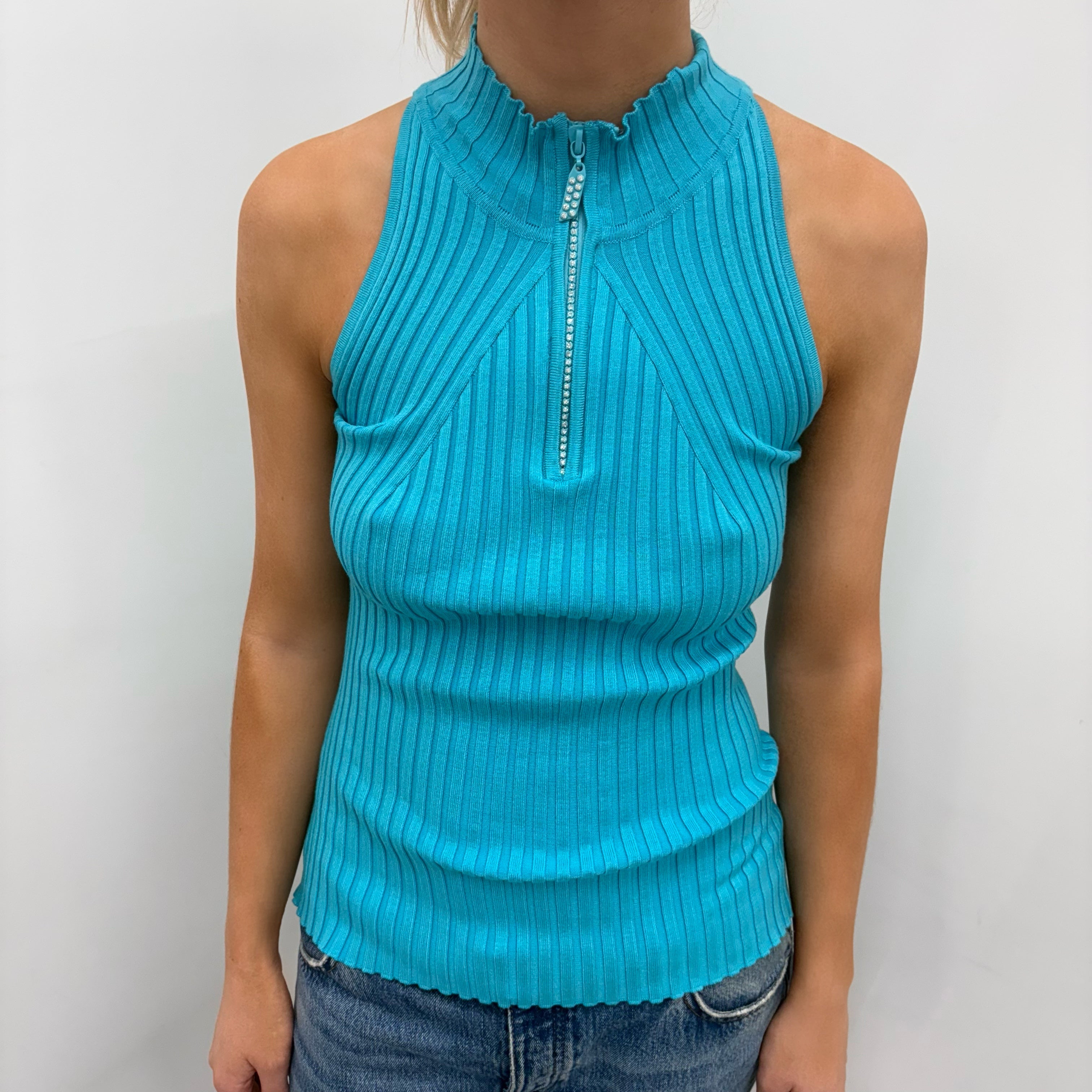 Blue Ribbed Zip Tank