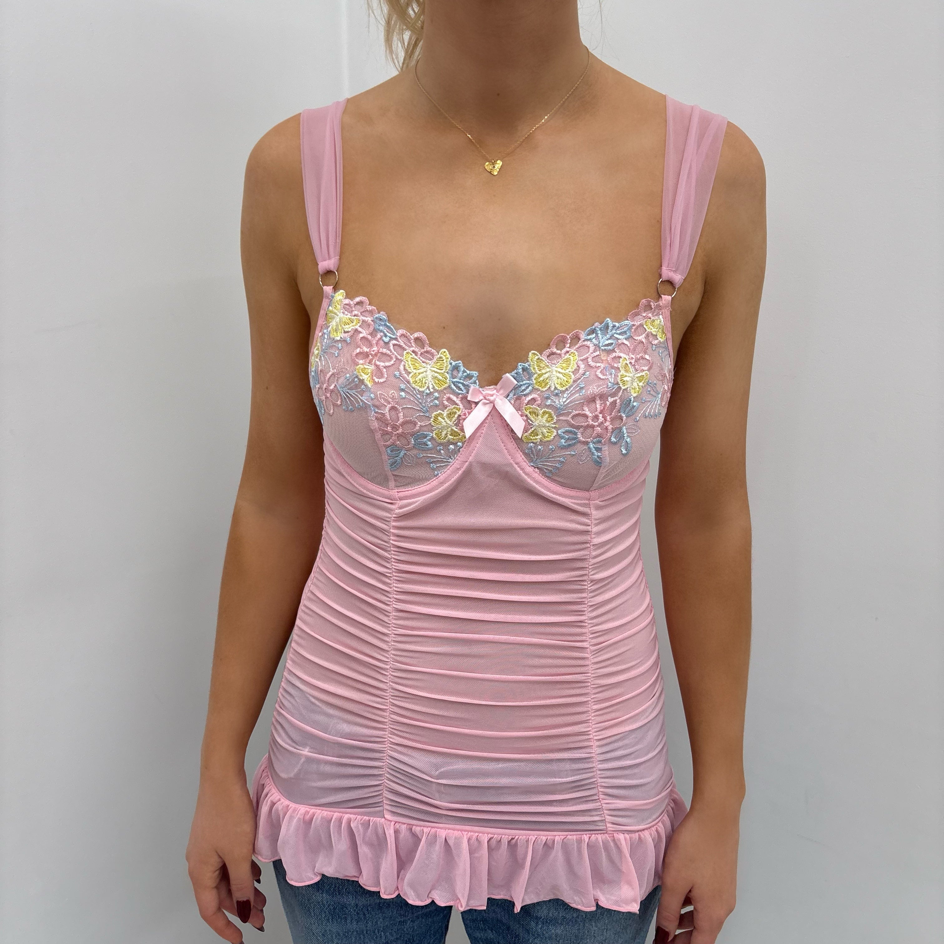 Pink Butterfly Mesh Ruched Slip Dress