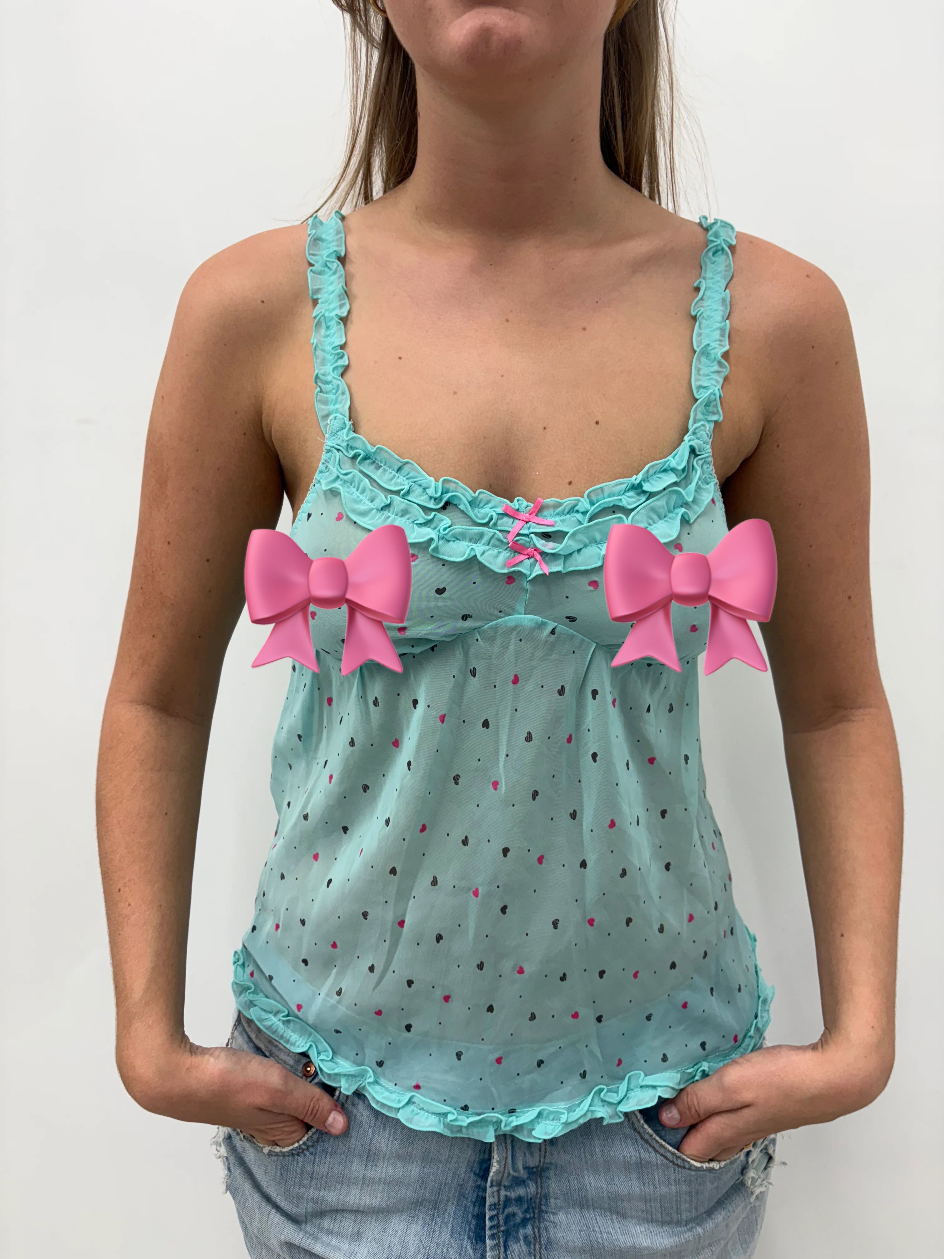 Turquoise Heart Mesh Y2K Camisole Top