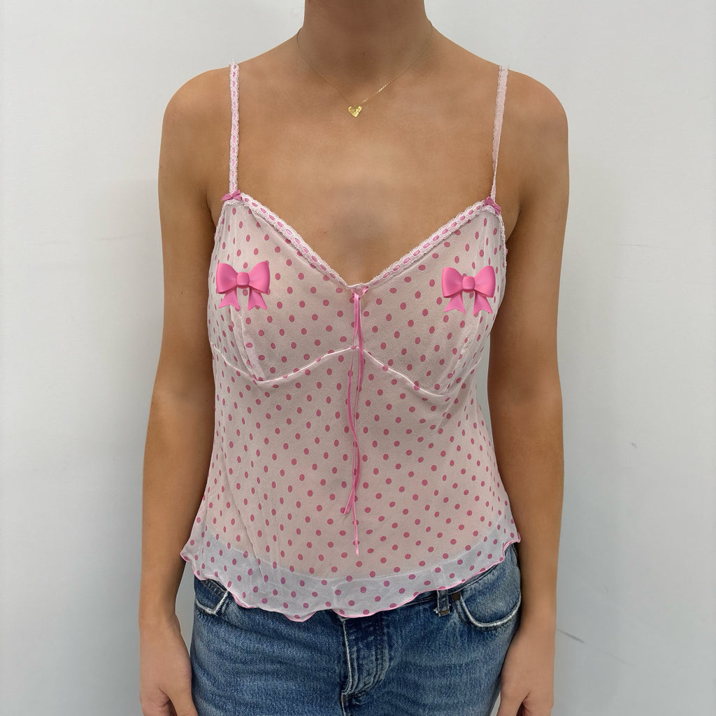 Pink Sheer Polkadot Camisole with Lace Trim