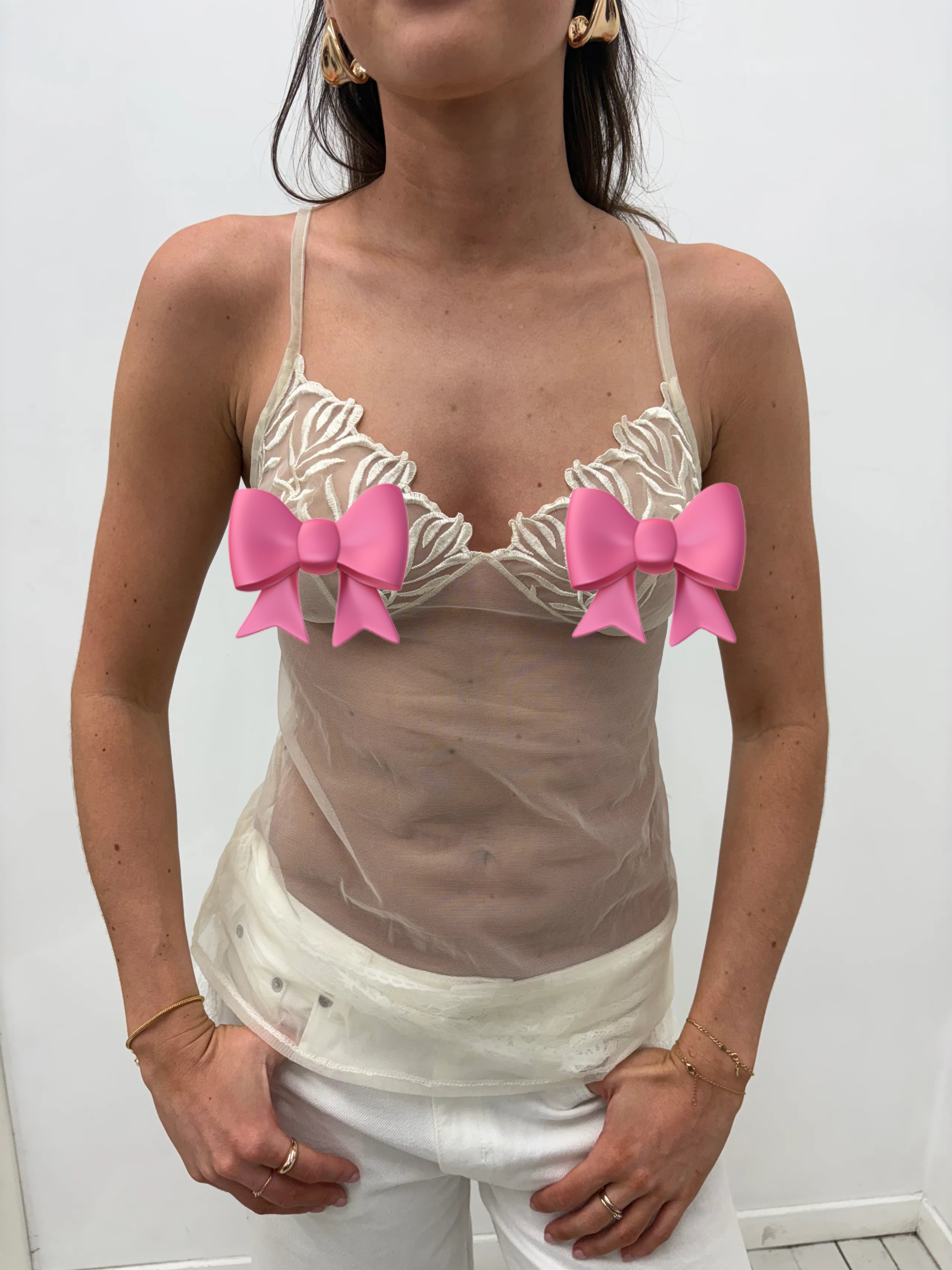 Sheer Ivory Embroidered Y2K Camisole Top