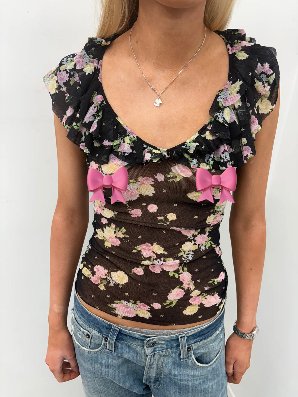 Sheer Floral Ruffle Trim Mesh Top