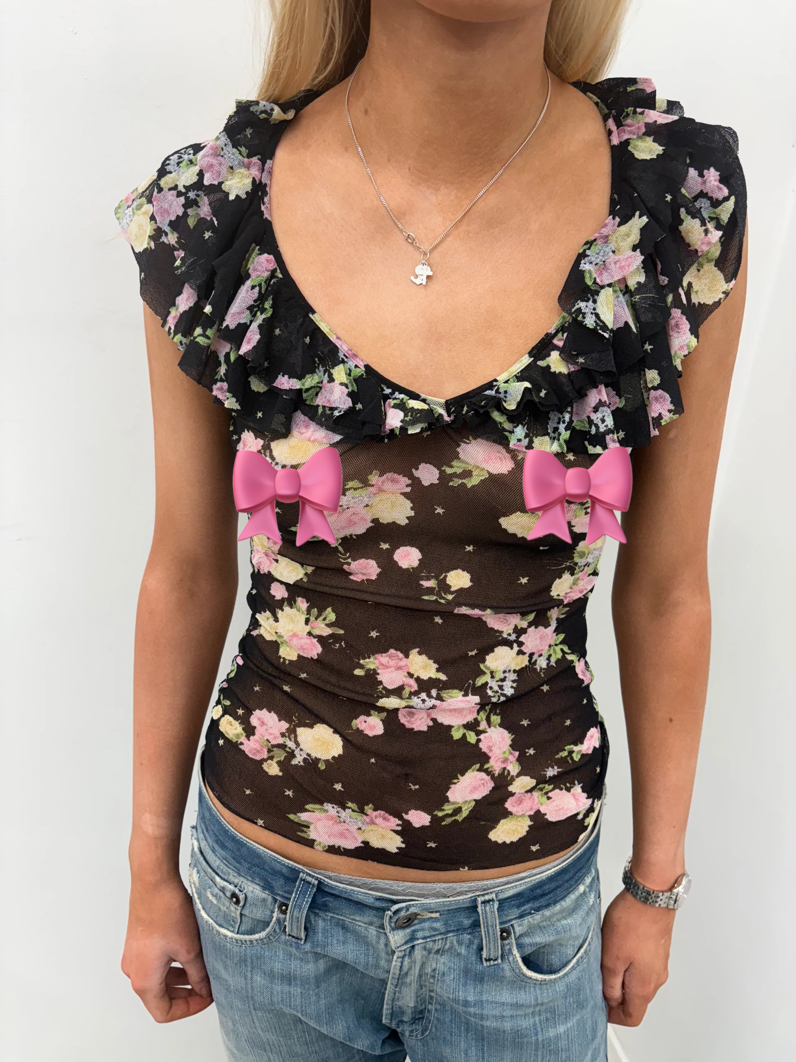 Sheer Floral Ruffle Trim Mesh Top